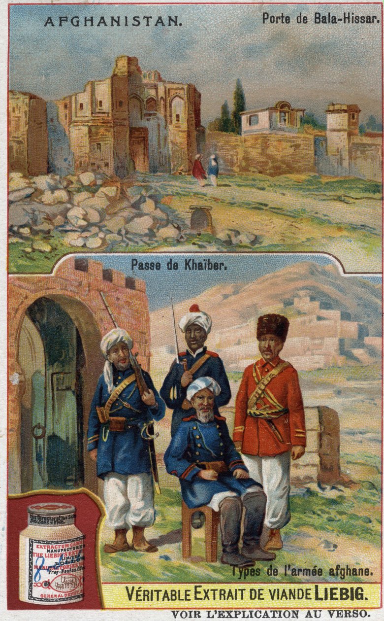 Bala-Hissar Gate Afganisztánban és az afgán hadsereg katonái a Khaiber átkelőnél. századi reklámkromolitográfiája. alkotó: French School