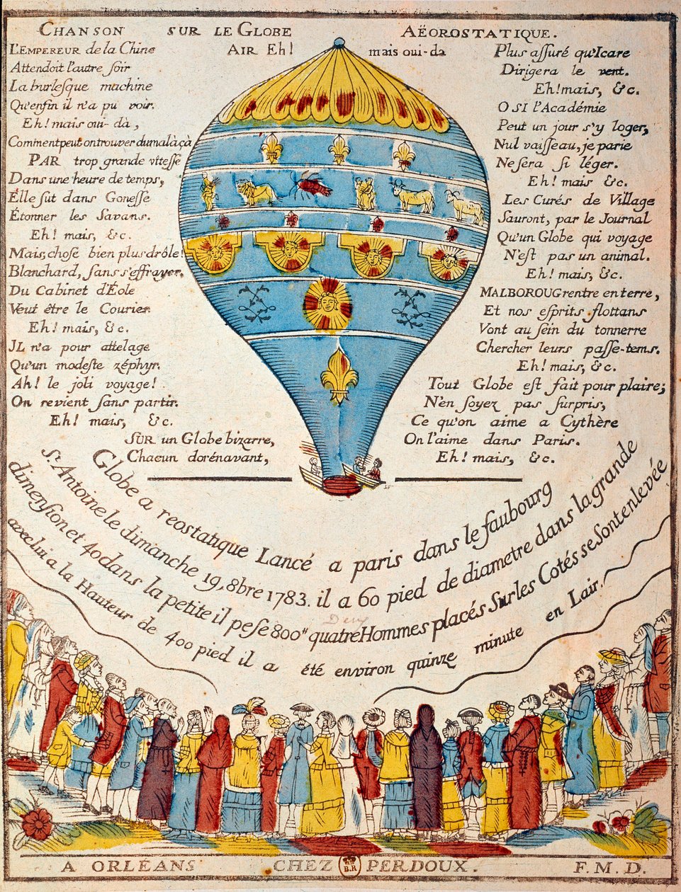 Léggömbrepülés: a Montgolfier testvérek tapasztalata 1783. október 19-én Monsieur Reveillon kertjében, a párizsi Saint Antoine negyedben. Korabeli metszet. Párizs, B.N. alkotó: French School