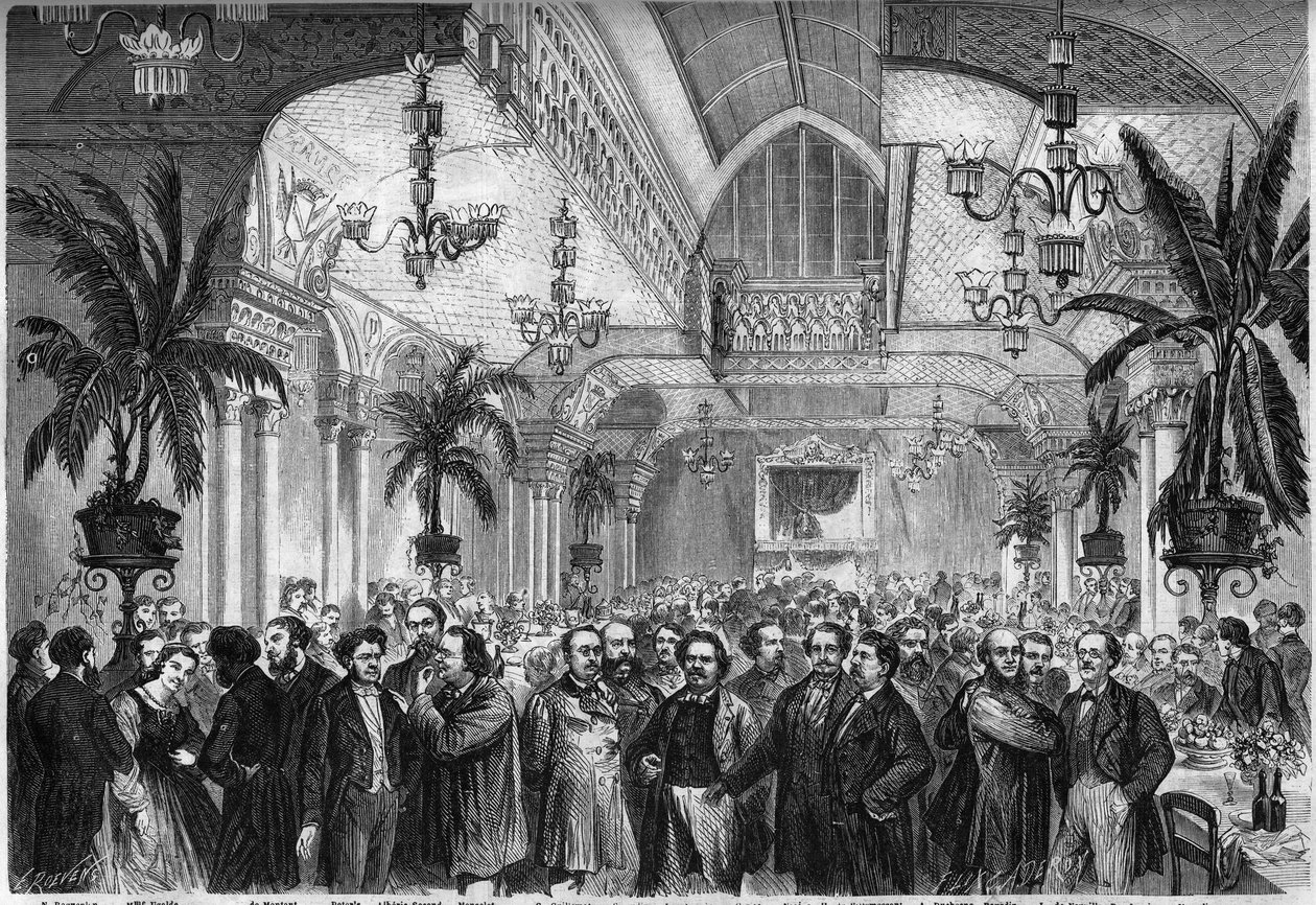 A "Le Figaro" újság bankettje 1864. február 6-án a párizsi Restaurant du Passage des Princes szalonjában, amelyen újságírók, írók, művészek vettek részt... Jelen vannak, balról jobbra: Nestor Roqueplan , Ugalde asszony , de Montaut, Péter alkotó: French School