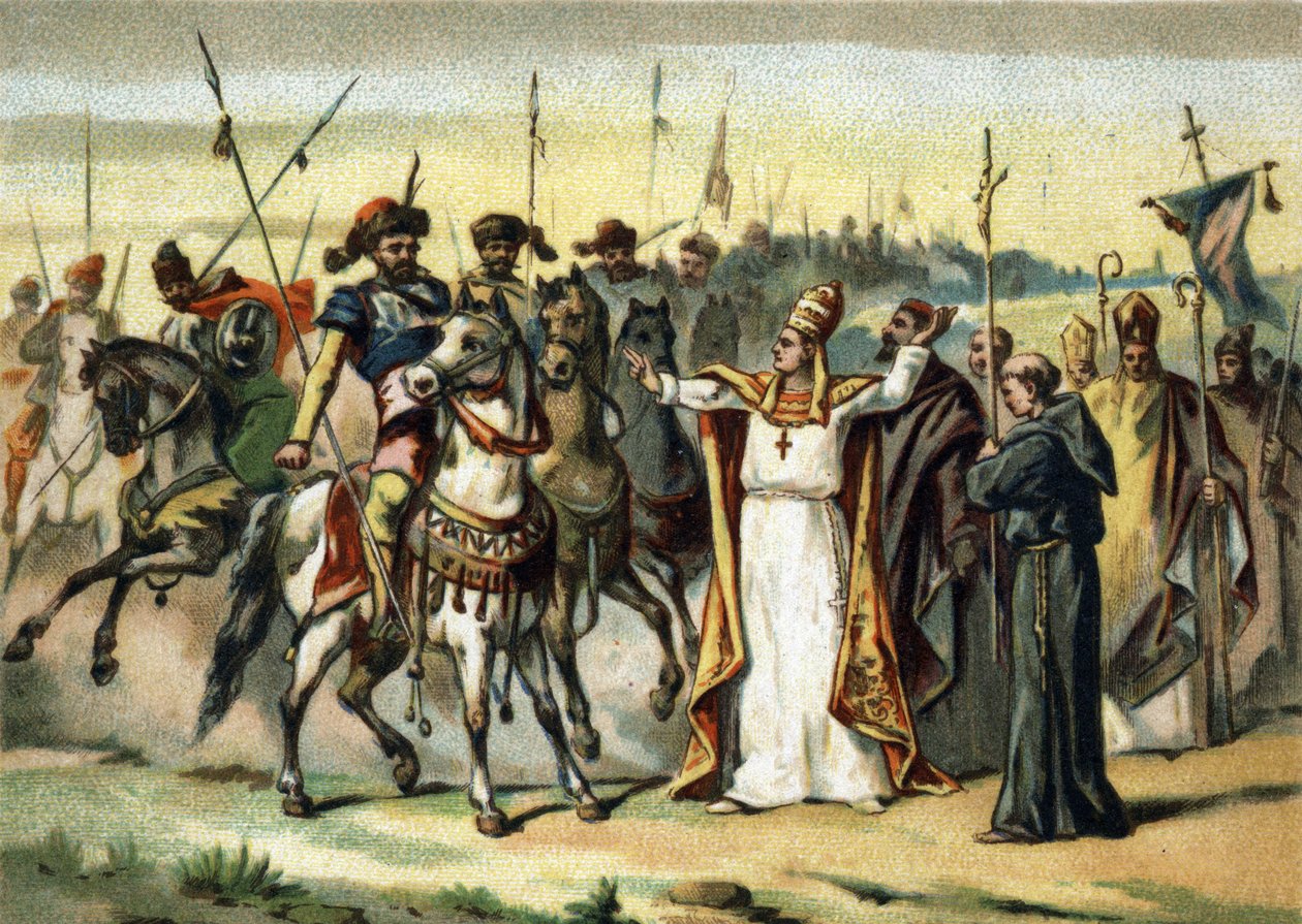 Barbár inváziók - I. Nagy Attila és Szent Leon (440-461): a barbár Attila, a hunok vezére találkozik Nagy Szent Leon pápával, akinek sikerült meggyőznie őt Olaszország kíméléséről. A 19. század végének kromolitográfiája alkotó: French School
