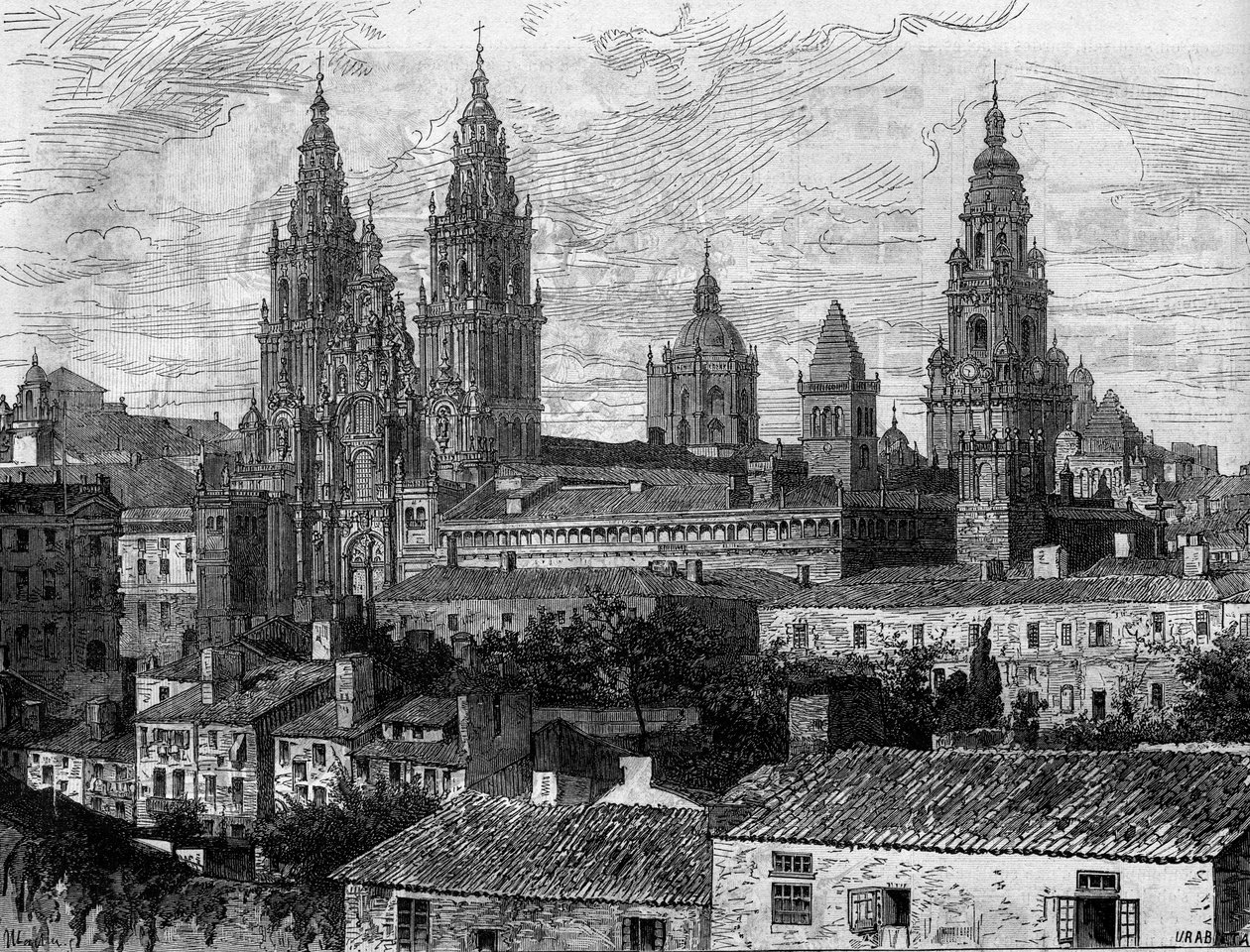 Barokk művészet: kilátás a Santiago de Compostela-székesegyházra (Santiago de Compostela). Spanyolország. Metszet a „” Le Monde Illustré”” 1220. számában, 1880. augusztus 14. alkotó: French School
