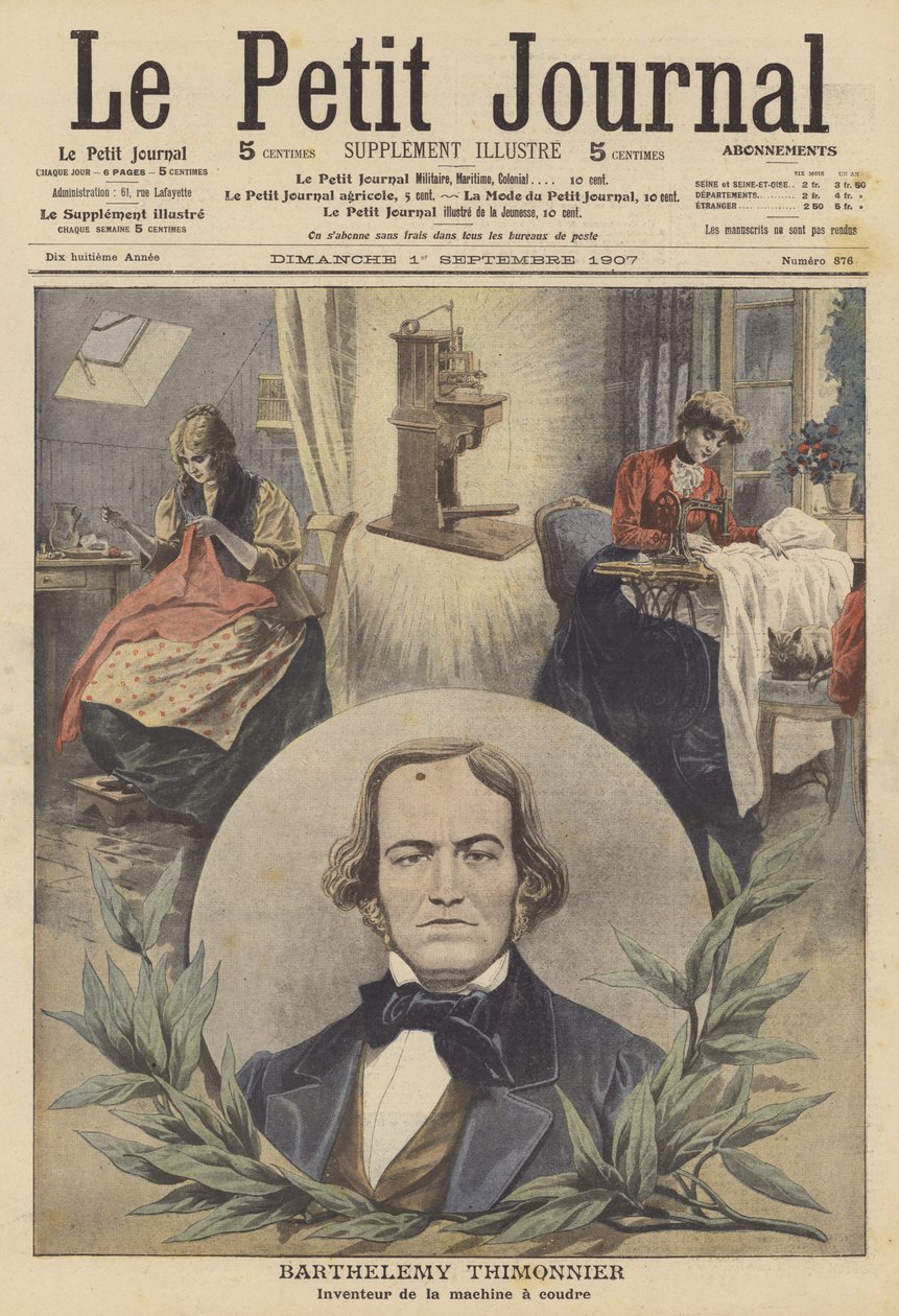 Barthelemy Thimonnier, a varrógép francia feltalálója (színes litográfia) alkotó: French School