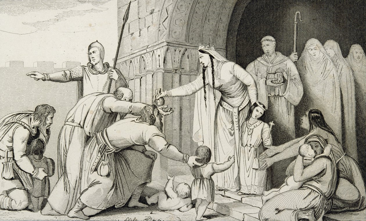 Bathilda pénzt ad a szegényeknek, Colart „Histoire de France” című művéből, 1840 körül megjelent alkotó: French School