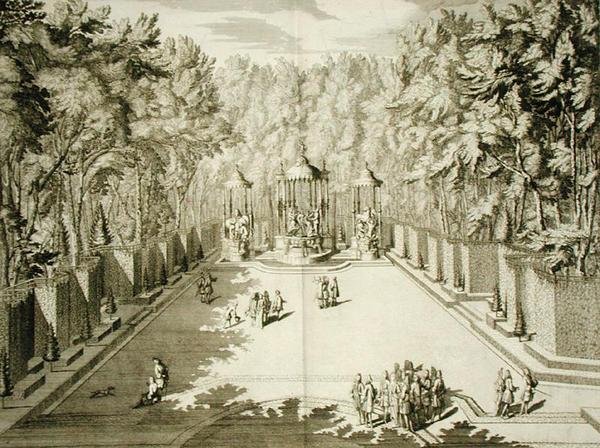 Apollo fürdője, Versailles, a „Les Plans, Profiles et Elevations des Ville et Chateau de Versailles”-ból, 1715 körül megjelent (metszet) alkotó: French School