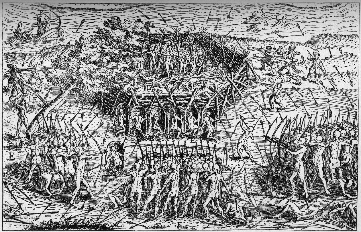 Csata Samuel de Champlain francia hadserege (kb. 1567-1635) és az irokézek között. Kanada, 17. század eleje. Metszet: „La Marine et les colonies: kereskedelem” alkotó: French School