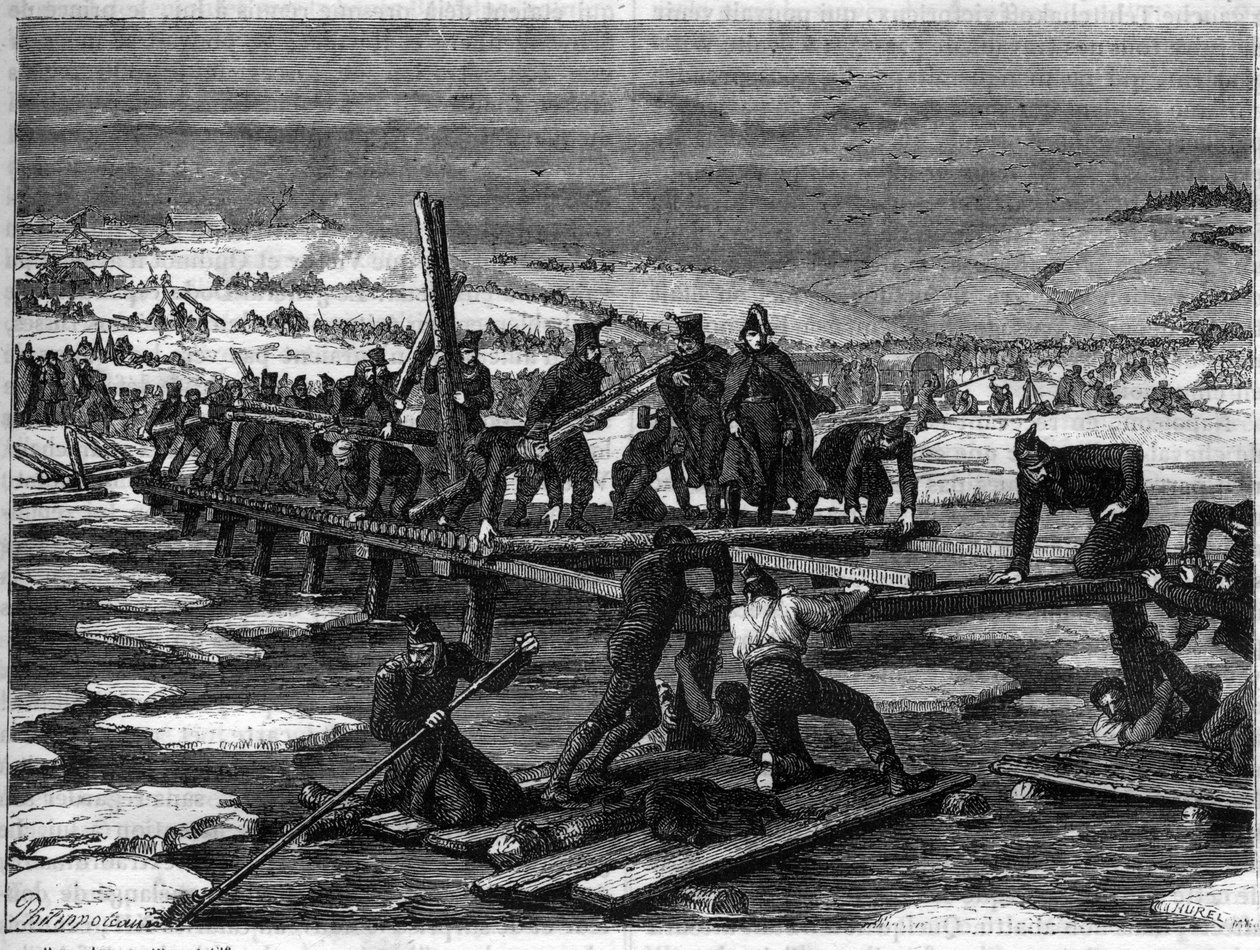 Berezinai csata, 1812. november 26-29., Napóleon katasztrofális veresége Oroszországból való visszavonulása során – orosz hadjárat, visszavonulás: két híd építése a Berezinán a Nagy Armee hídfegyverei által, G felelőssége alatt alkotó: French School