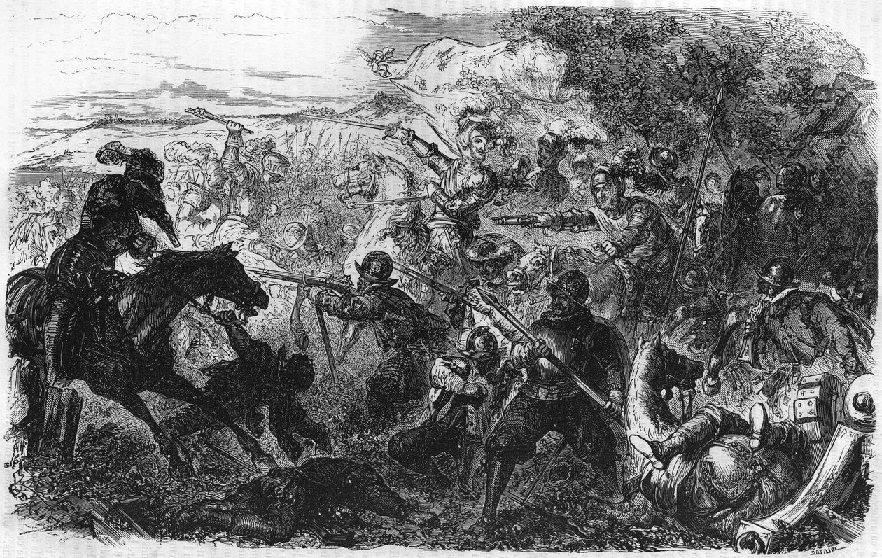 A coutrasi csata 1587-ben, amelyet Henri de Navarre, a leendő IV. Henrik nyert meg. „Franciaország népszerű története” c. 1885 körül. Metszet. alkotó: French School