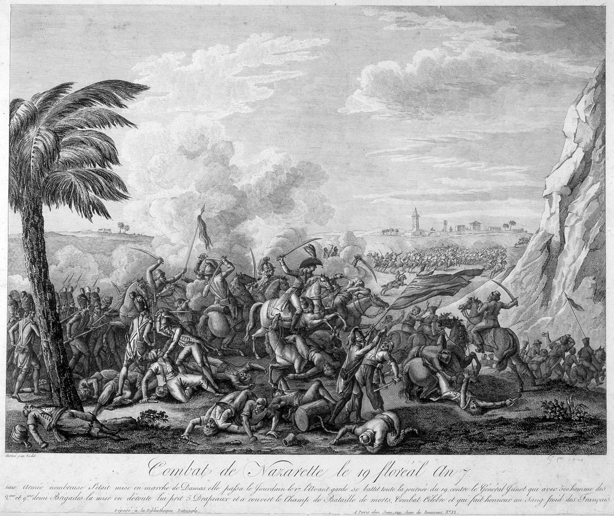 Názáreti csata a 7. virágév 19-én (1799) Jean Andoche Junot (Jean-Andoche) (1771-1813) tábornok vezetésével – Thiers „Revolution francaise” című könyvében. 19. század alkotó: French School