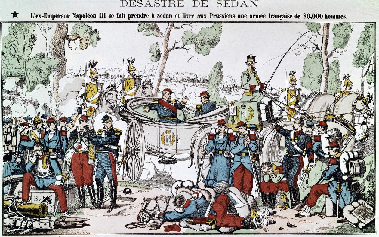 Sedani csata 1870-ben. Az egykori III. Napóleon császárt elkapják Sedanban, és a poroszoknak szállítja a 80 000 fős francia hadsereget, egy gerinc képével. alkotó: French School