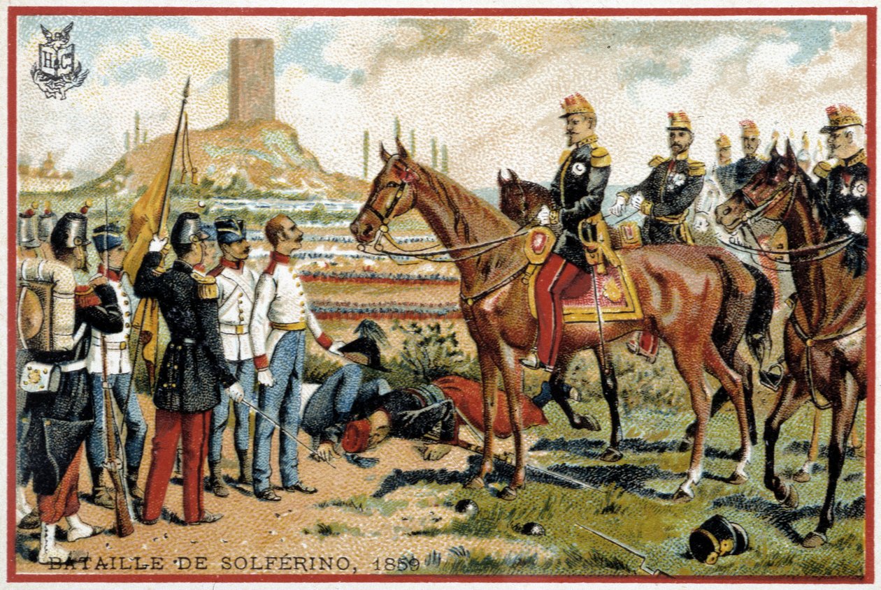 Solferinói csata: Győzelem a solferinói csatában az osztrákok ellen 1859-ben - Forey hadosztály. Liebig Kromolitográfia alkotó: French School