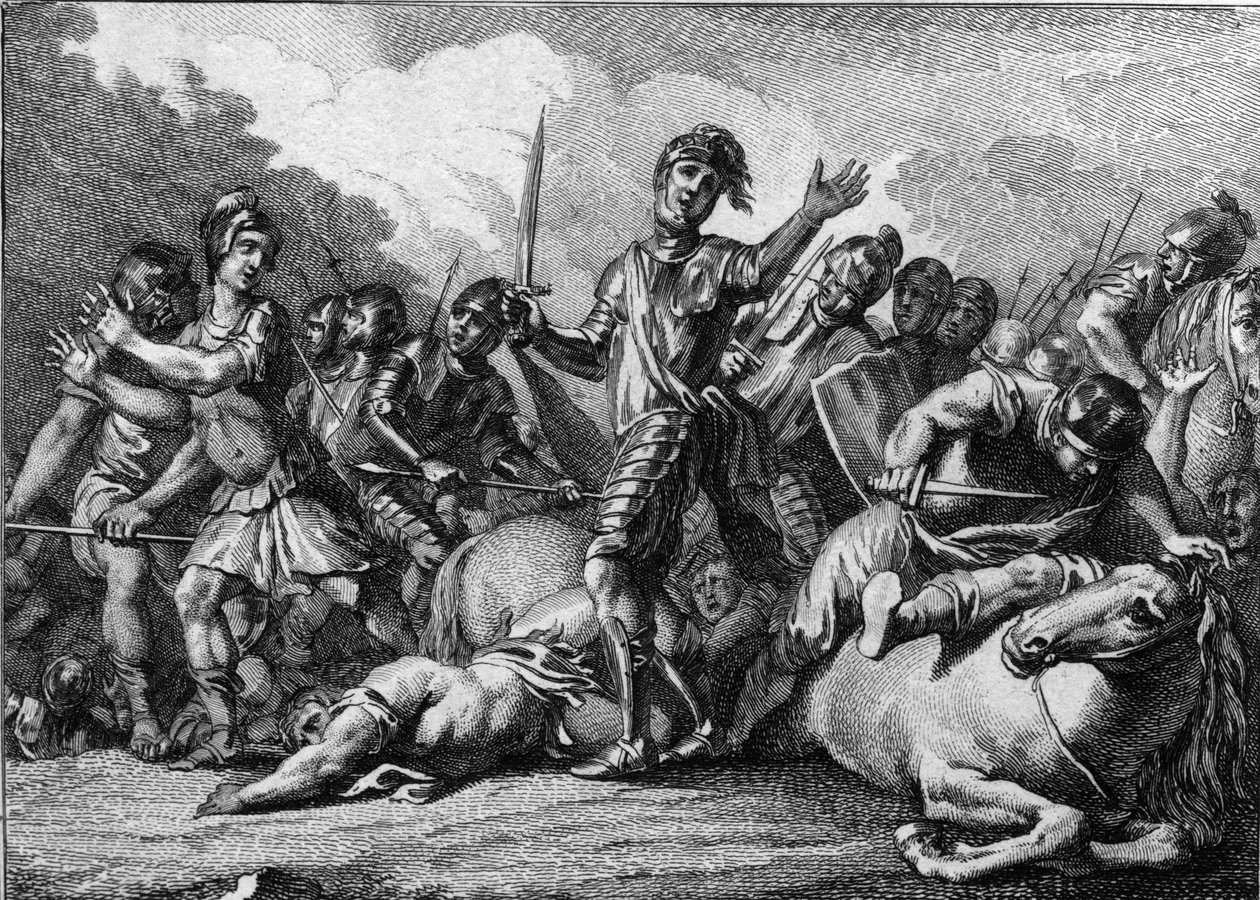 Tolbiaci csata, 496: 1. Clovis (466-511), a frankok királya, Isten segítségét kérve az alamanok germán törzsének legyőzéséhez. 18. századi metszet. alkotó: French School