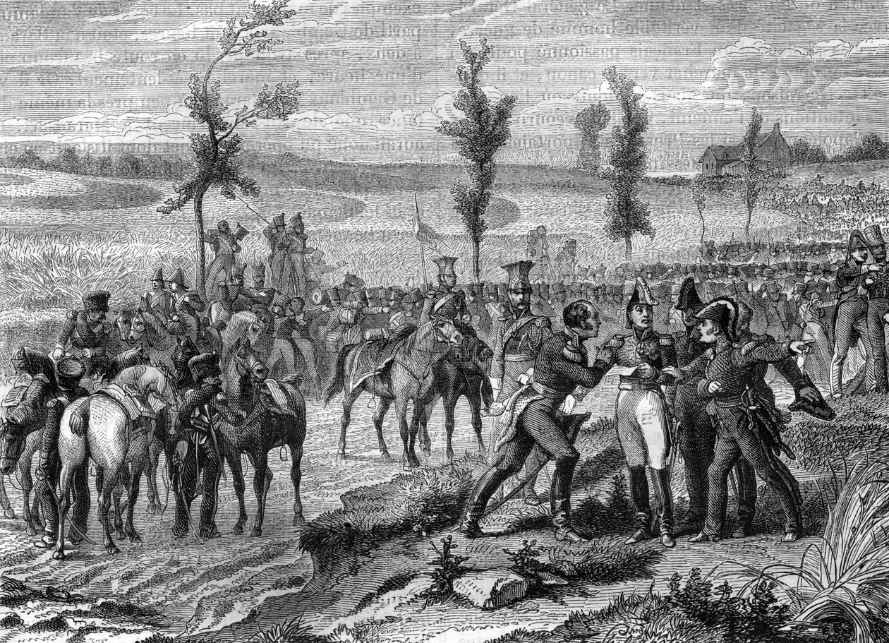 Waterloo-i csata, a hetedik koalíció háborúja 1815-ben, illusztráció a „Birodalom története a konzulátus történetét követve” című könyvéből, Adolphe Thiers alkotó: French School