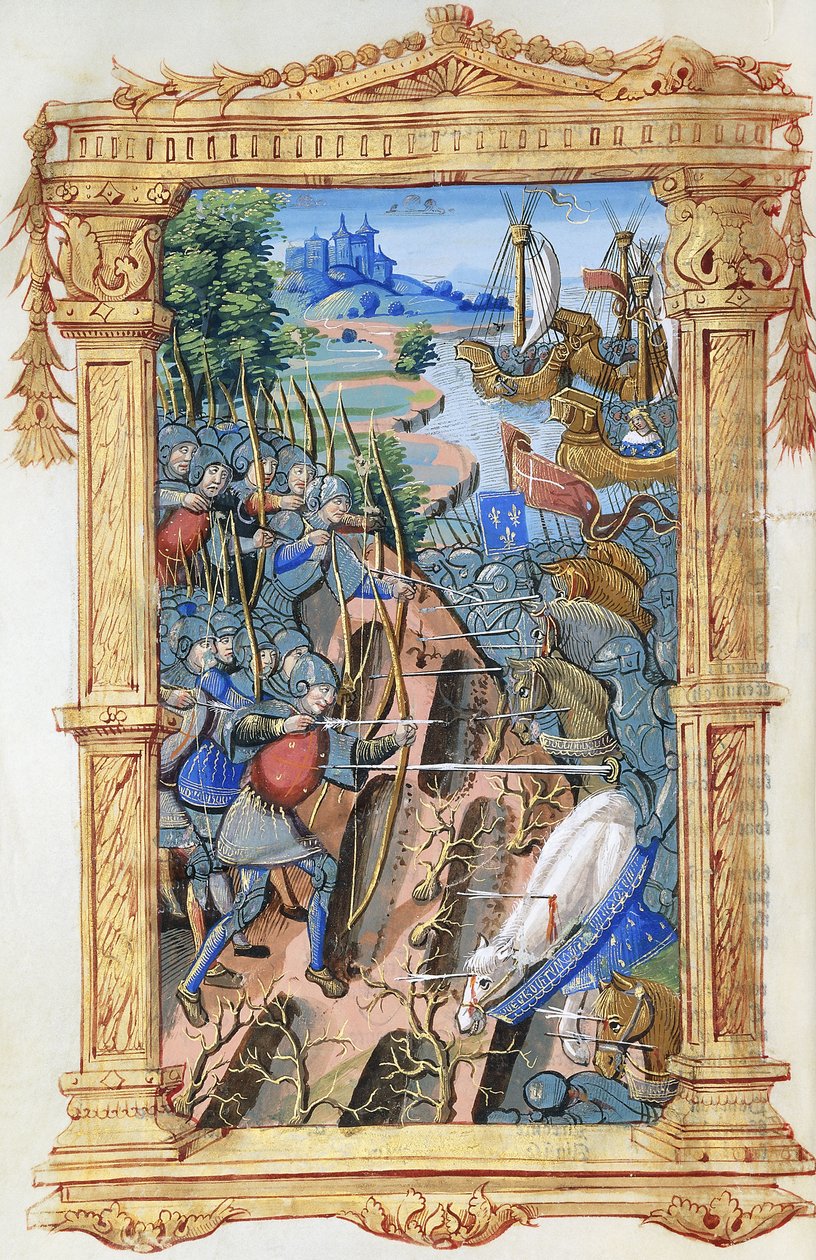 Csatajelenet íjászok és lovasság között, várral és hajókkal, 1495-1500 alkotó: French School
