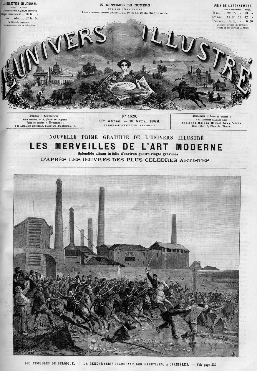 A belga munkások sztrájkolnak: a rendőrség felpakolja a lovasokat Carnieresben. Egy újság. Metszet a „” Le Monde Illustré”-ben alkotó: French School