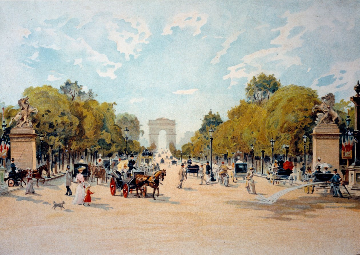 Belle Epoque: kilátás az Avenue des Champs Elysees-re és a párizsi Diadalívre. Névtelen akvarell 1895-ből. Párizs, Dekoratív művészet alkotó: French School