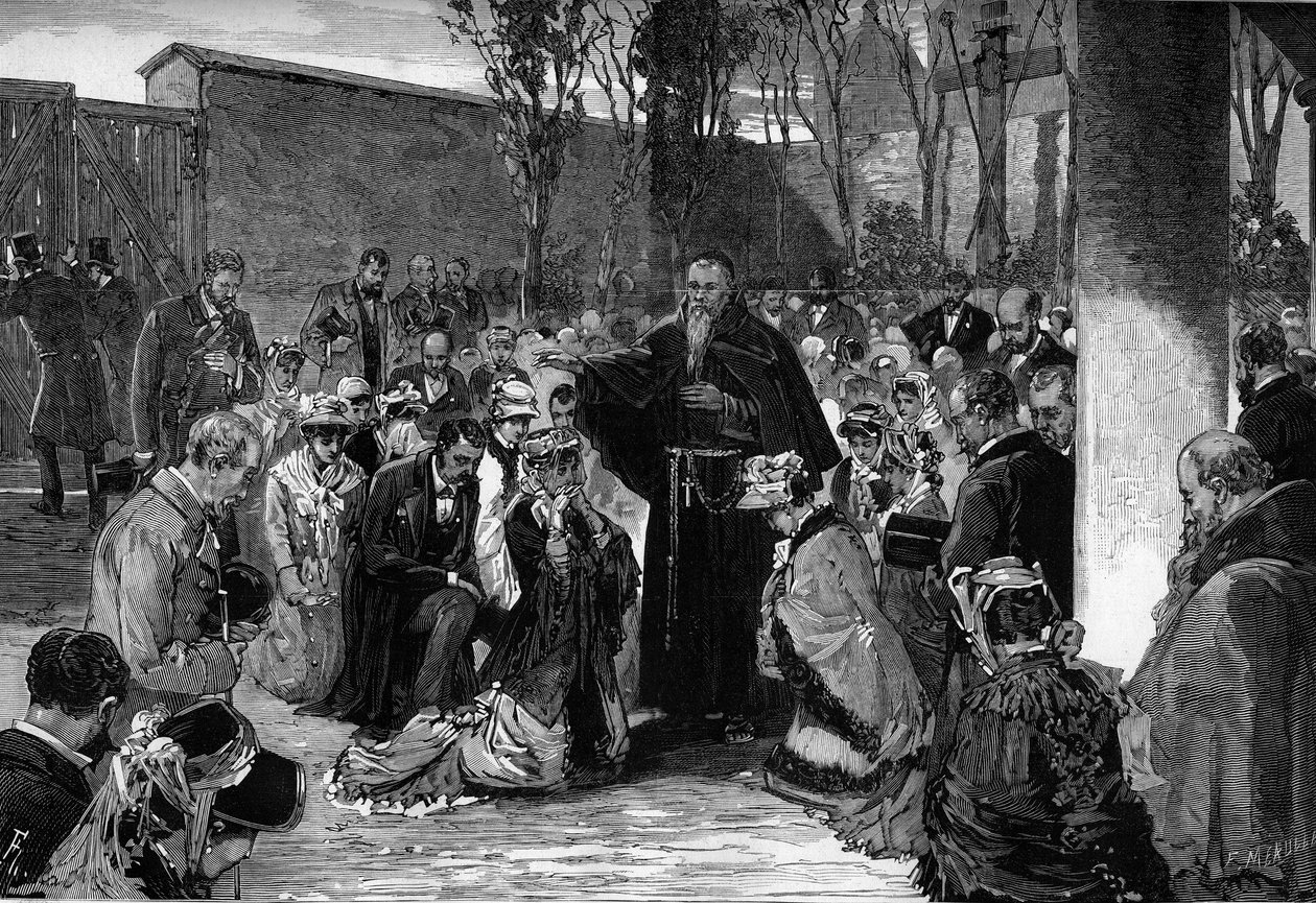 A hívek áldása a kapucinusok udvarában a párizsi rue de la Sante utcában 1880. október 30-án, mielőtt Jules Ferry 1880. márciusi rendeletei nyomán kiutasították őket, amelyek megfosztották a jogosulatlan vallások tanításának jogát. alkotó: French School