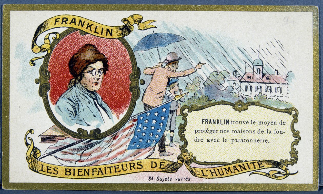 Benjamin Franklin amerikai politikus és fizikus (1706-1790) és a villámhárító - kromo., deb. 20. század alkotó: French School