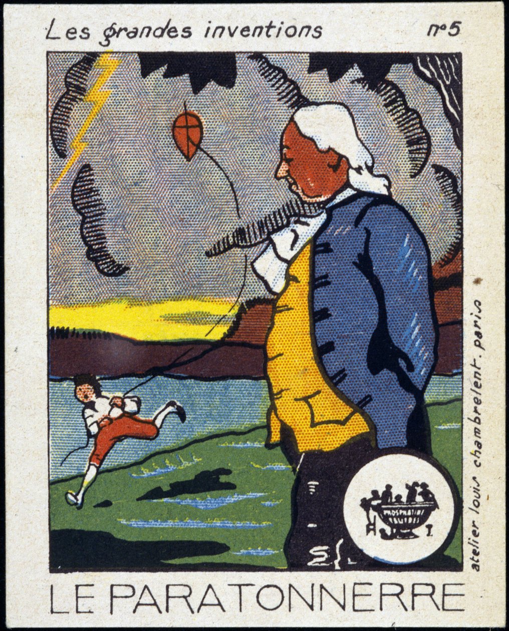 Benjamin Franklin, amerikai politikus és fizikus (1706-1790) és a villámhárító (a sárkány élménye) - Label, Deb. 20. század alkotó: French School
