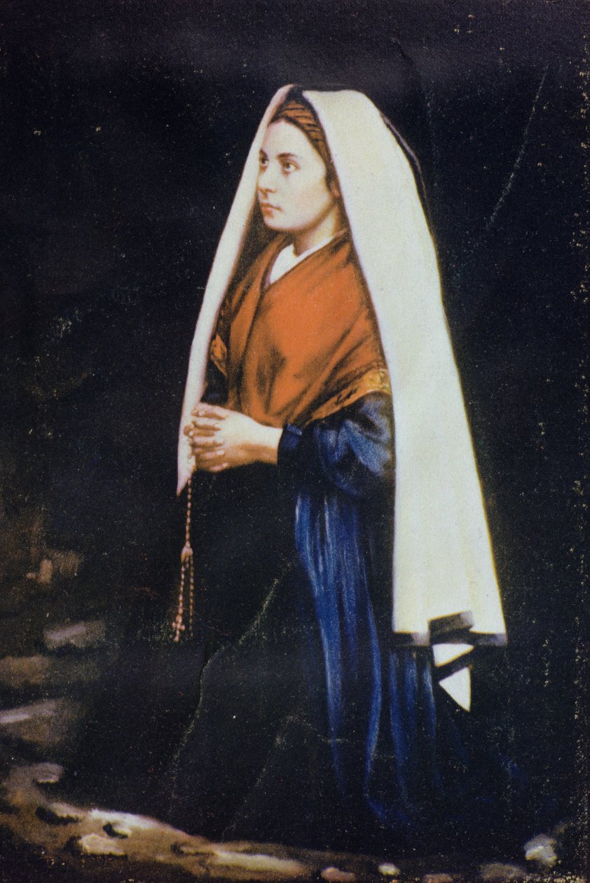 Bernadette Soubirous, egy 19. század végi festményről (színezett fotó a kártyára rögzítve) alkotó: French School