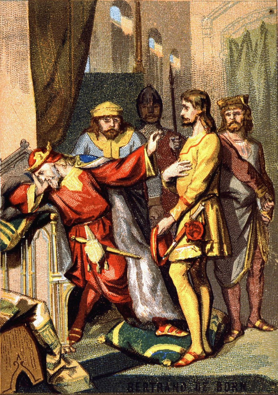 Bertran (Bertrand) de Born (1140 - 1215) Perigordin trubadúr, Hautefort ura, az angliai II. Henrik (1133 - 1189) előtt. A „Hazafias nevelés képen keresztül” sorozat kromolitográfiája. alkotó: French School