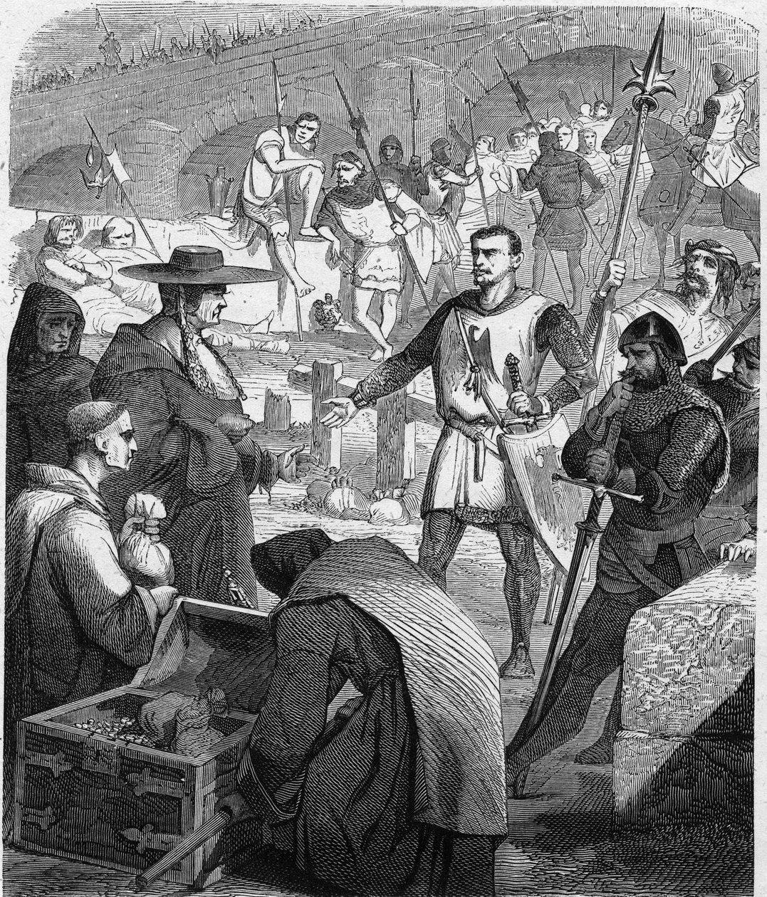 Bertrand du Guesclin (Duguesclin) (kb.1320-1380) francia rendőrtiszt, aki nem hajlandó pénzt kapni Avignon lakóitól. Metszet „Franciaország története Paul Lehugeur száz festményében” 1891-ben. alkotó: French School