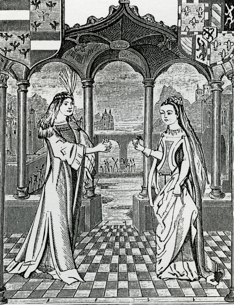 I. Maximilianus és Mária, Burgundia hercegnő eljegyzése 1477-ben, a Chroniques de Flandre-ban található kép után alkotó: French School