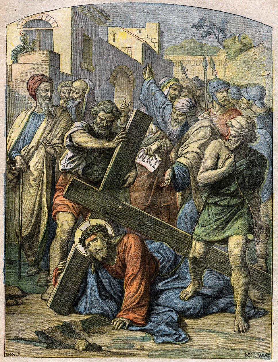 Bibliai jelenet – Keresztút: Jézus másodszor is elesik. Metszet a „” Le Pelerin”-ben, november 29-én alkotó: French School
