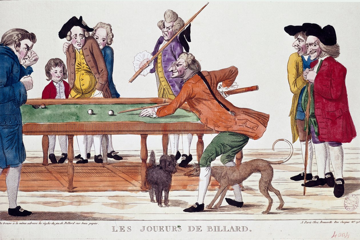Biliárdjátékosok (a forradalmi naptár 8. évének termidorja) (1800). Karikatúra. A forradalmi időszak francia iskolájának színes metszete. Párizs, Musee Carnavalet alkotó: French School