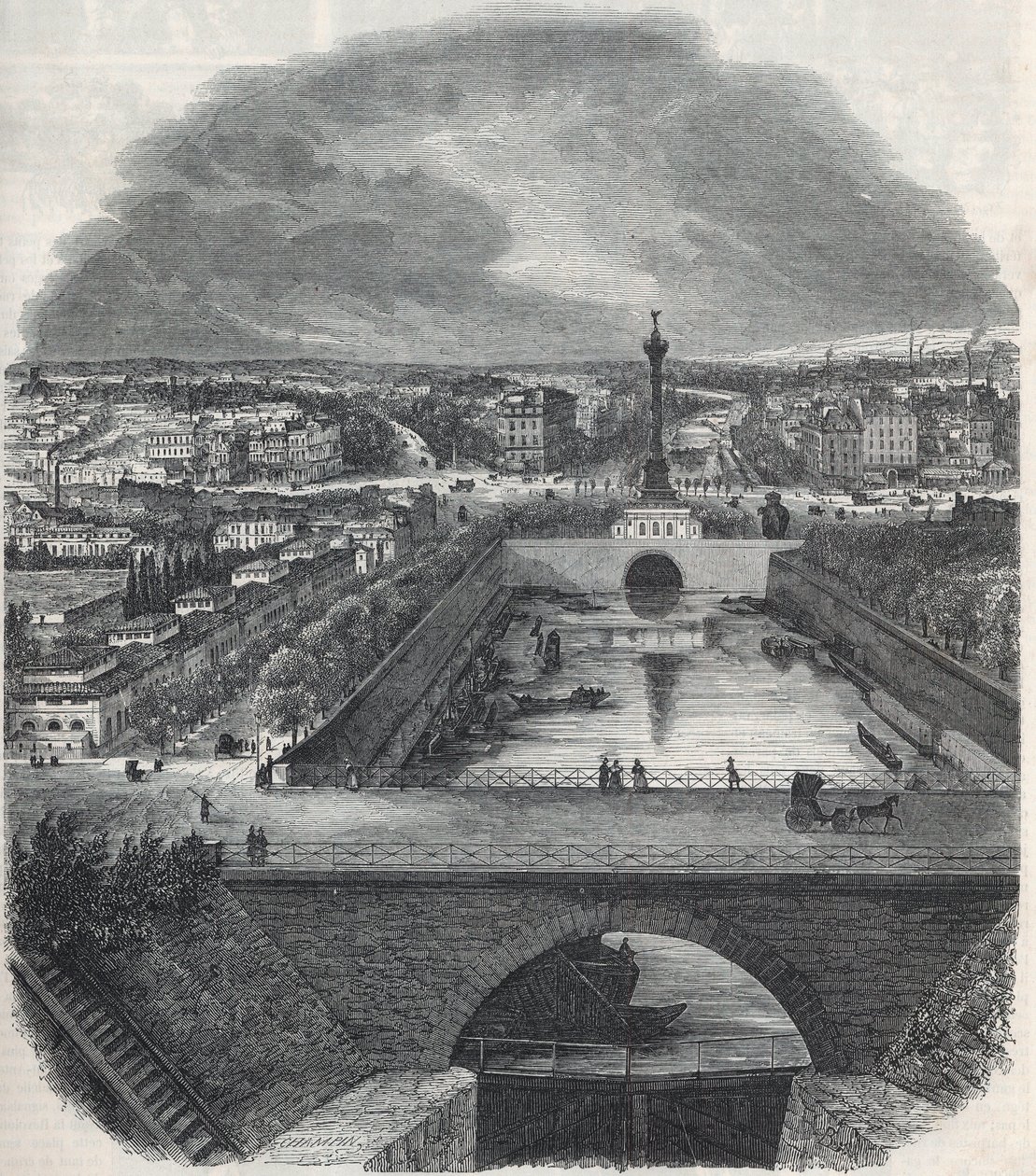 Madárkép a Saint-Martin csatornáról (Saint Martin), a Place és a Bastille negyedről, a Szajna jobb partjáról - Edmond Texier 1852-es metszete „Tableau-de-Paris”-ban alkotó: French School