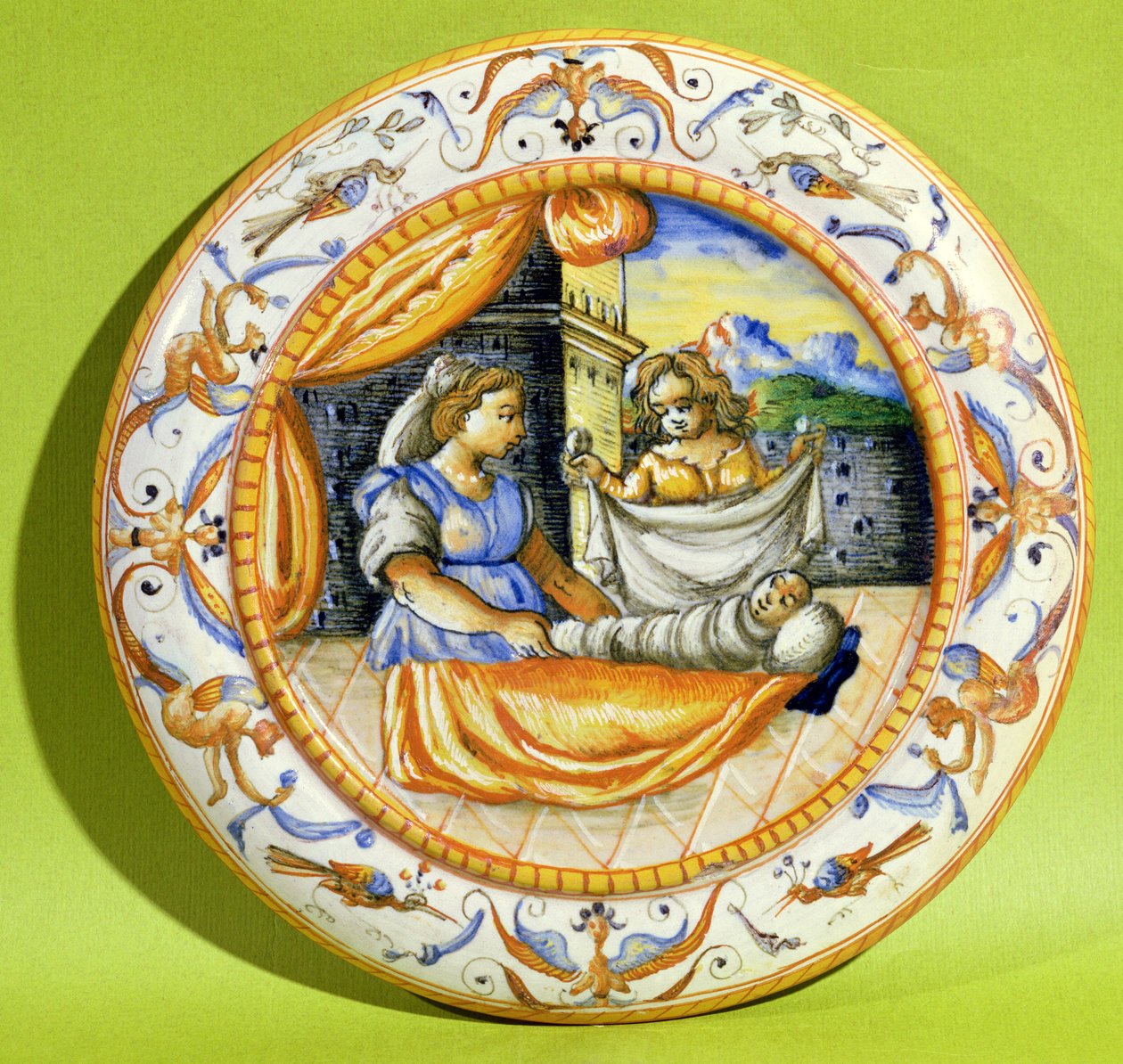 Születési tábla, amely az újszülöttet pólyába burkolva ábrázolja, Lyonból (fajansz) alkotó: French School