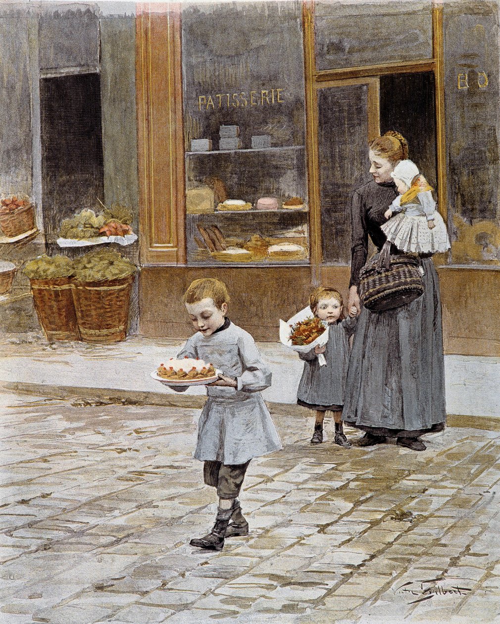 Születésnap Egy kisfiú kijön egy cukrászdából, kezében tartja a tortáját. századi Párizs litográfiája, díszítőművészet alkotó: French School