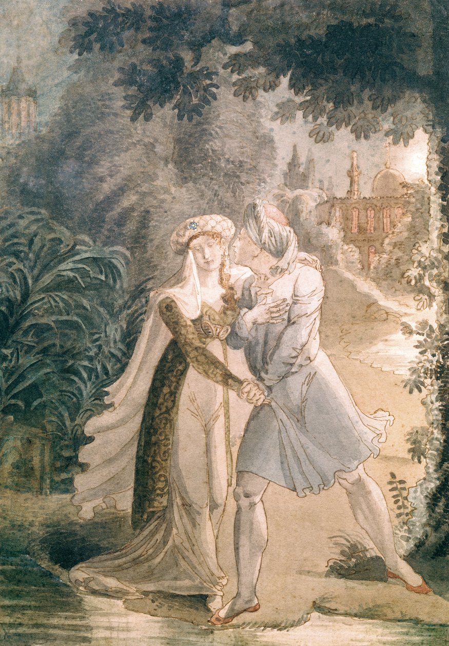 Blanca és Abon Hamet az Alhambra kertjében, Francois Rene (1768-1848) Vicomte de Chateaubriand "Le Dernier des Abencerages" című művéből (toll, tinta és WC papíron) alkotó: French School