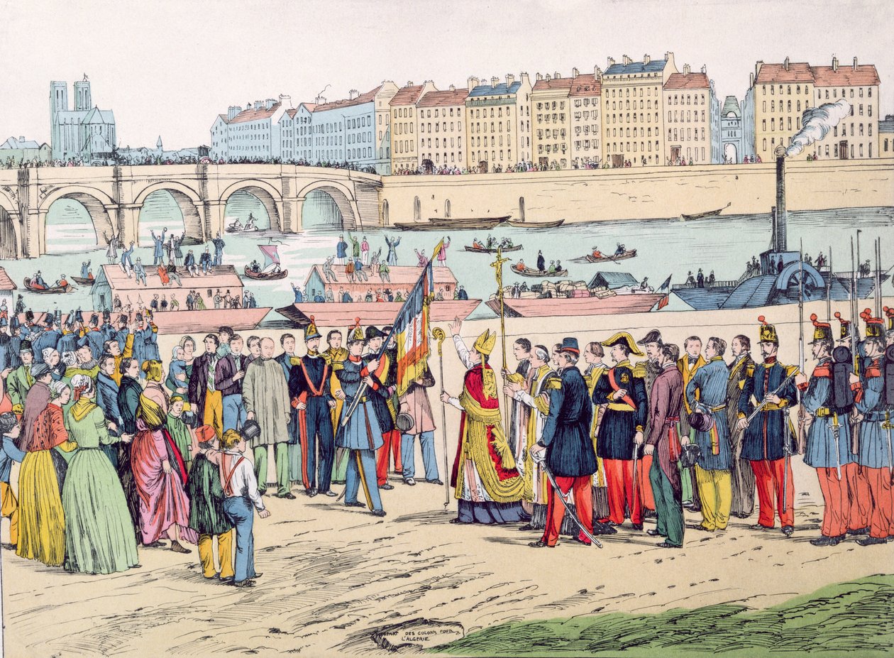 Zászlók megáldása Párizsban, mielőtt a gyarmatosítók 1843-ban Algériába indultak, 1935 alkotó: French School