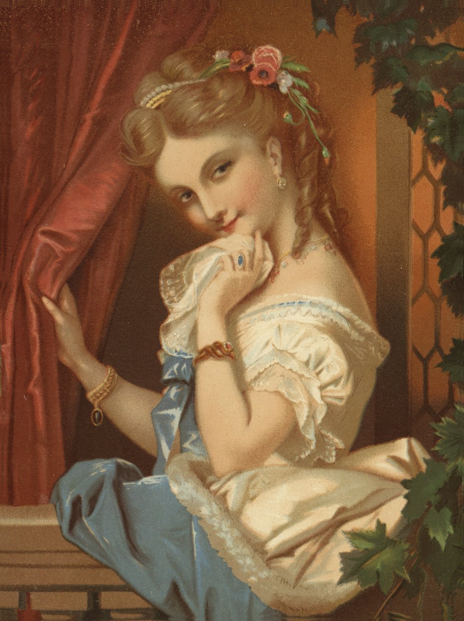 Szőke lány, csábító mosollyal (chromolitho) alkotó: French School