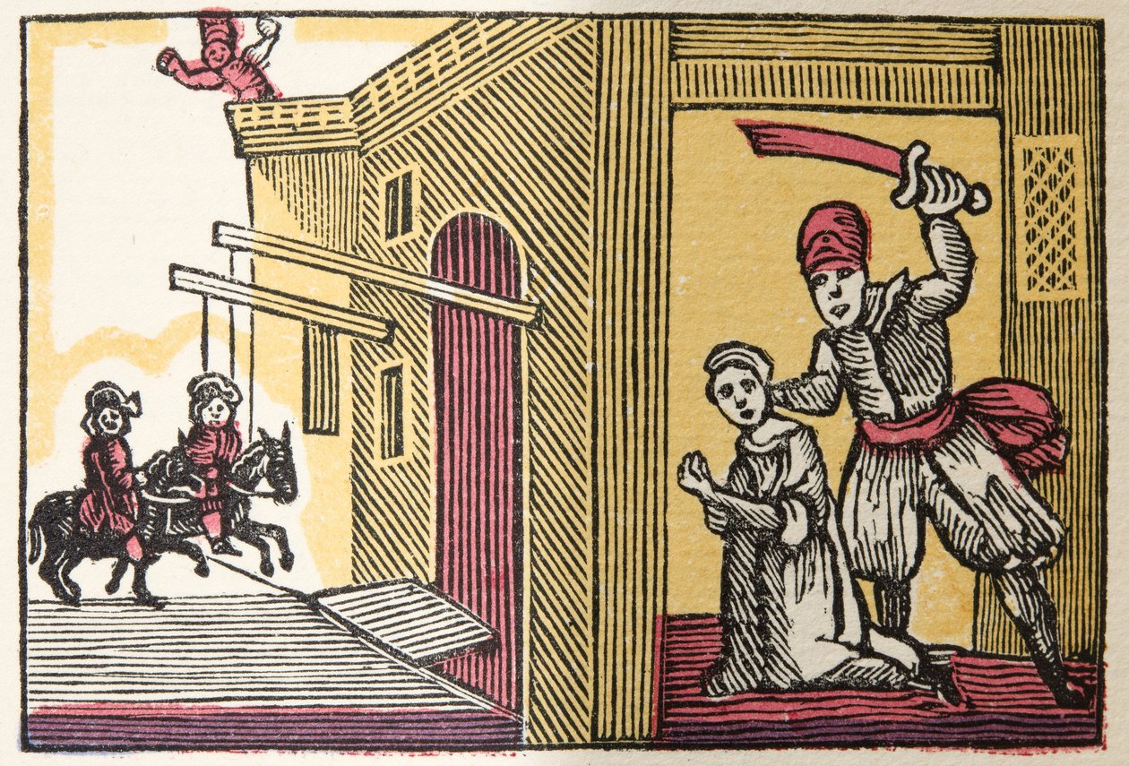 Kékszakáll a Történelmekből vagy a múlt idők meséiből, amelyet Mother Goose, Erkölcsökkel, M Perrault, pub. 1925 (kézzel színezett fatömbnyomat) alkotó: French School