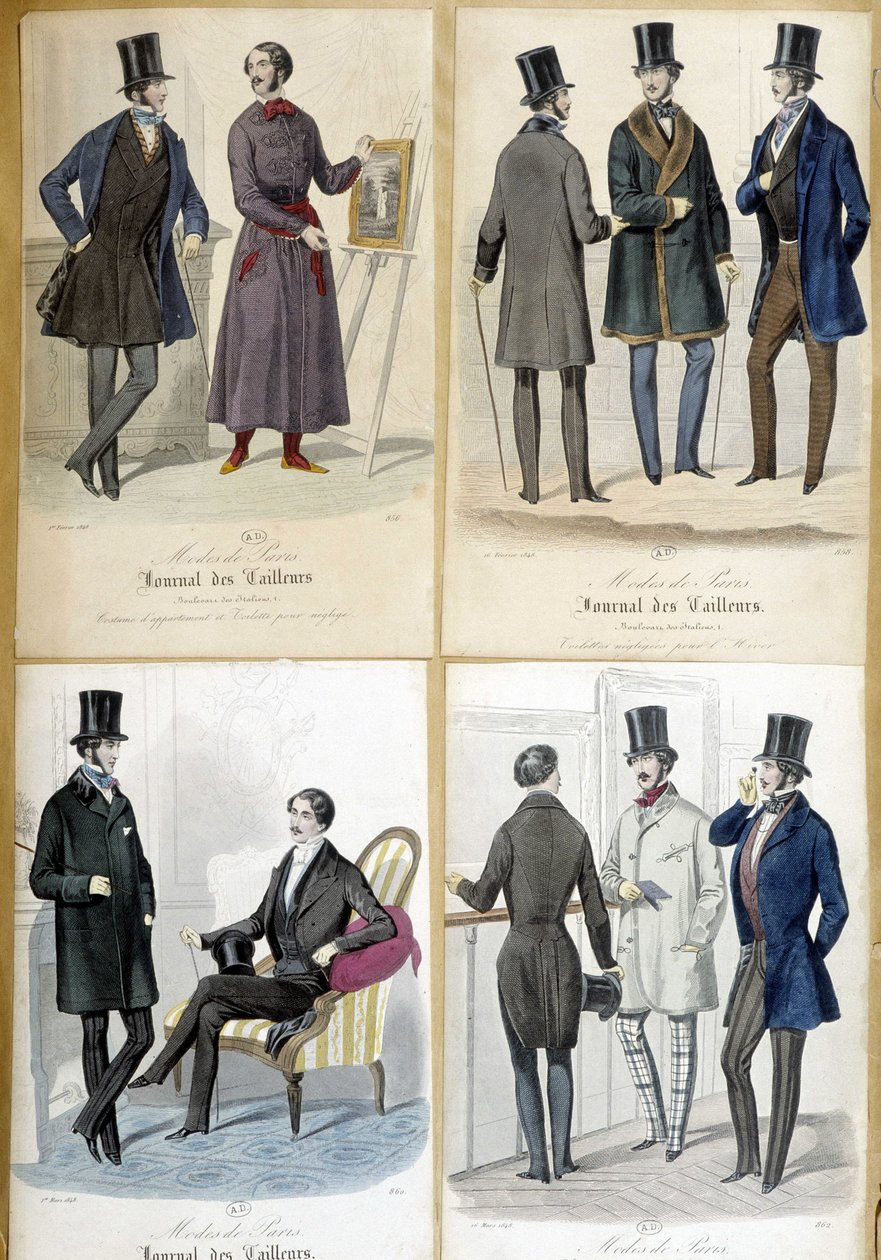 Férfi divatot illusztráló táblák az 1848-as „Journal des Tailors”-ból. alkotó: French School