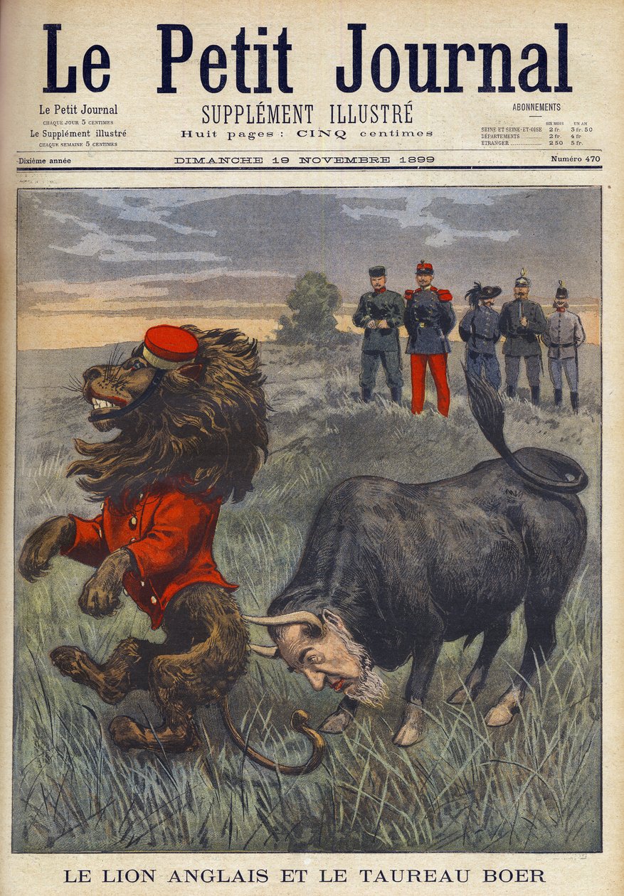 Búr háború – Az angol oroszlán és a búr bika – Paul Krueger fejével az afrikáner bika megtámadja a brit oroszlánt. Angol rajzfilm a „Le petit Journal – Le lion Anglais et le taureau Boer” 1899. novemberi számából. Illusztráció a Le petit Jou-hoz alkotó: French School