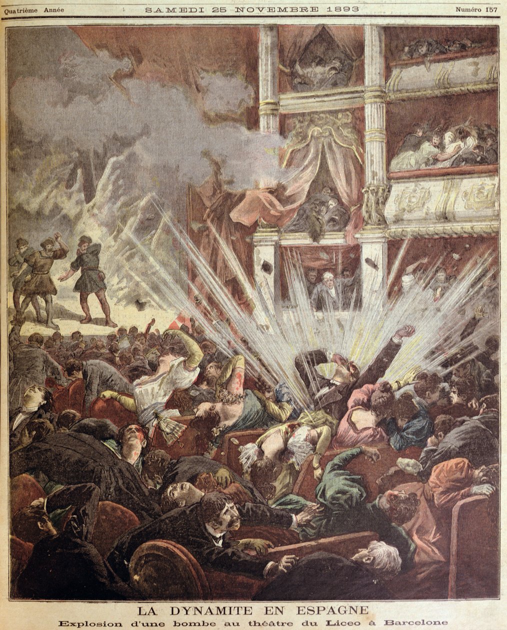 Bombarobbanás a barcelonai Liceu Színházban, illusztráció a Le Petit Journalból, 1893. november 25. alkotó: French School