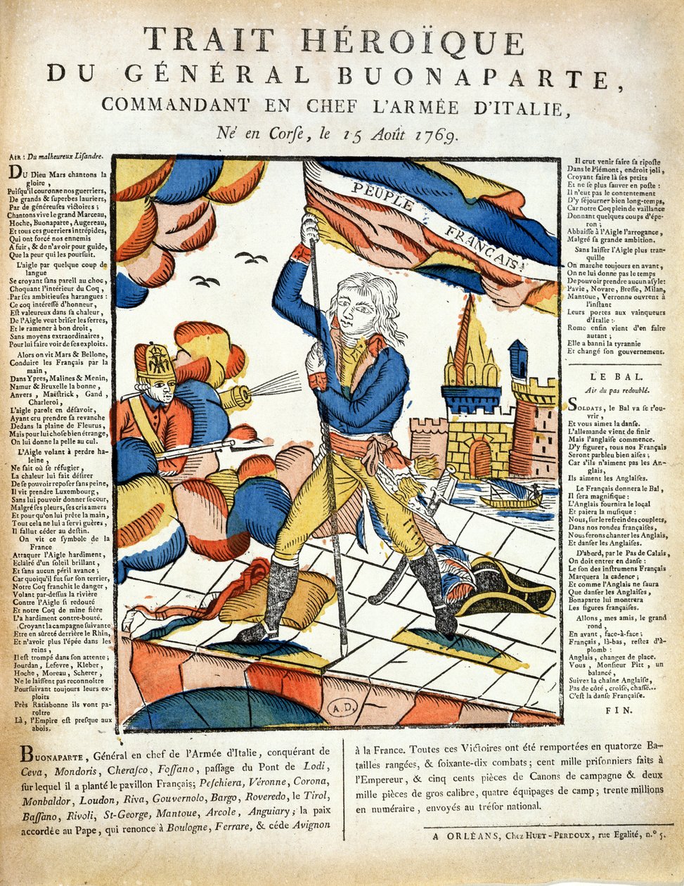 Bonaparte (1769-1821) kitűzi a francia zászlót a Lodi-hídon, 1796. május 10-én a LImagerie Populaire-ből, P.L. Duchartre és R. Saulmier alkotó: French School