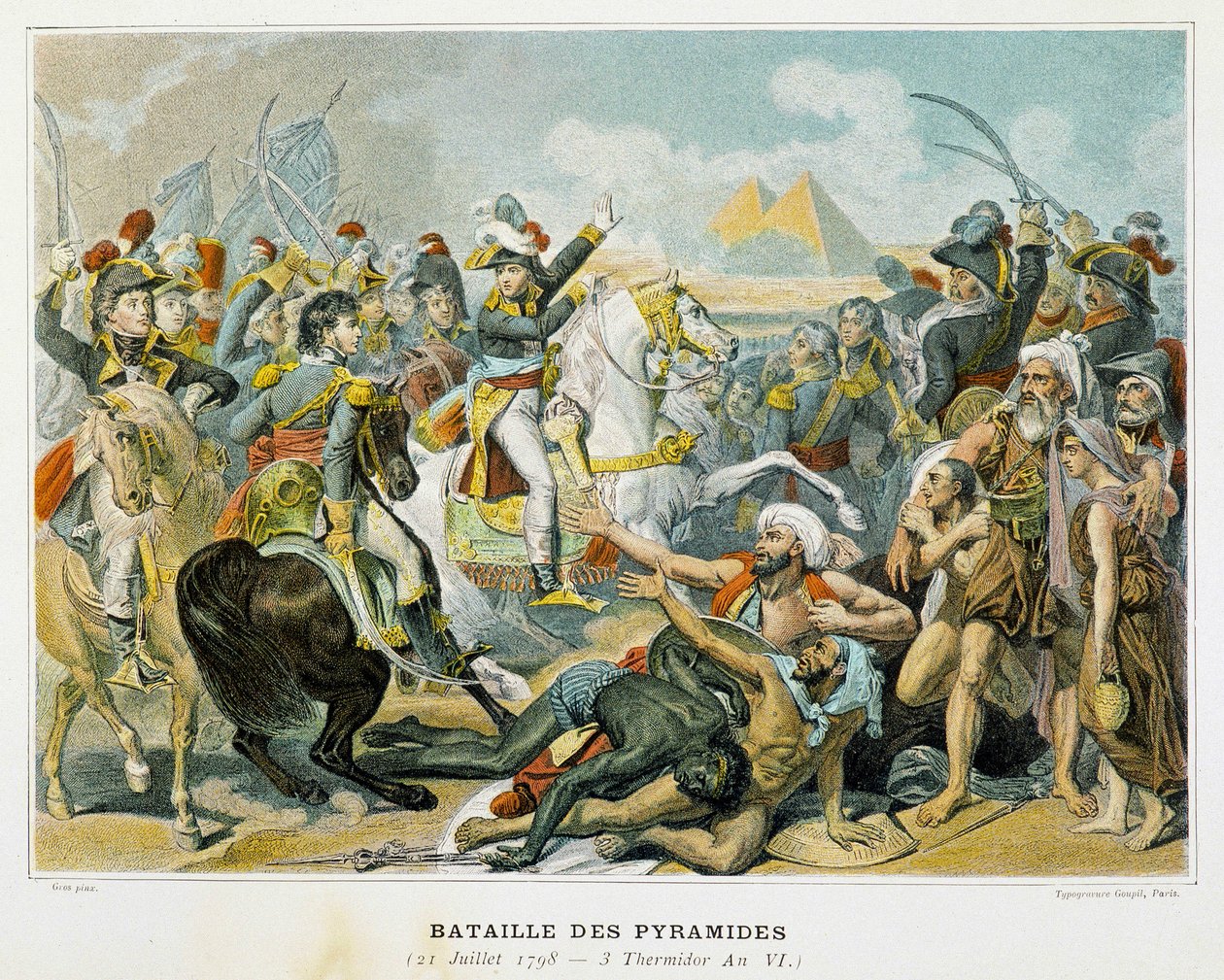Bonaparte (középen) és csapatai a piramiscsata során 1798. július 21-én. alkotó: French School
