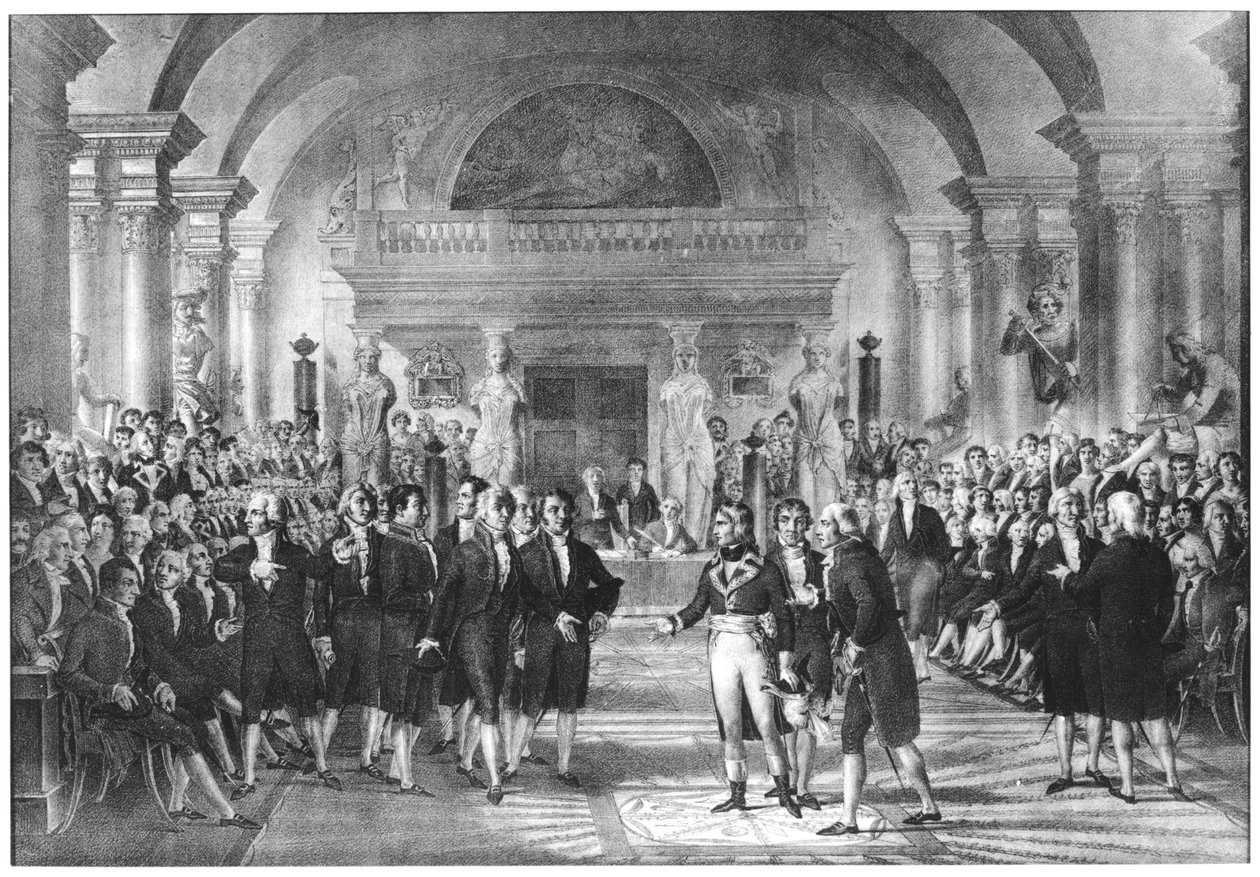 Bonaparte, első konzul (1769-1821) Látogatás az Academie des Sciences tagjainál a Louvre-ban, 19. század eleje alkotó: French School