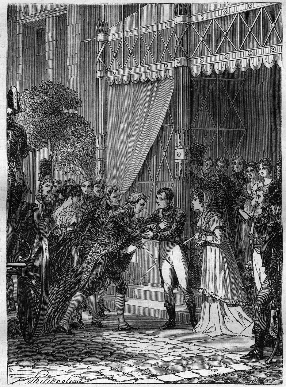 Bonaparte és Josephine de Beauharnais fogadja Etruria ifjú királyát, I. Lajost (I. Bourboni Lajos vagy I. Borbone-i Ludovico) (1773-1803), feleségével, Bourbon-i Marie Louise-val (Marie Louise) (1782-1824) kíséretében. a malmaisoni házuk 180 júliusában alkotó: French School