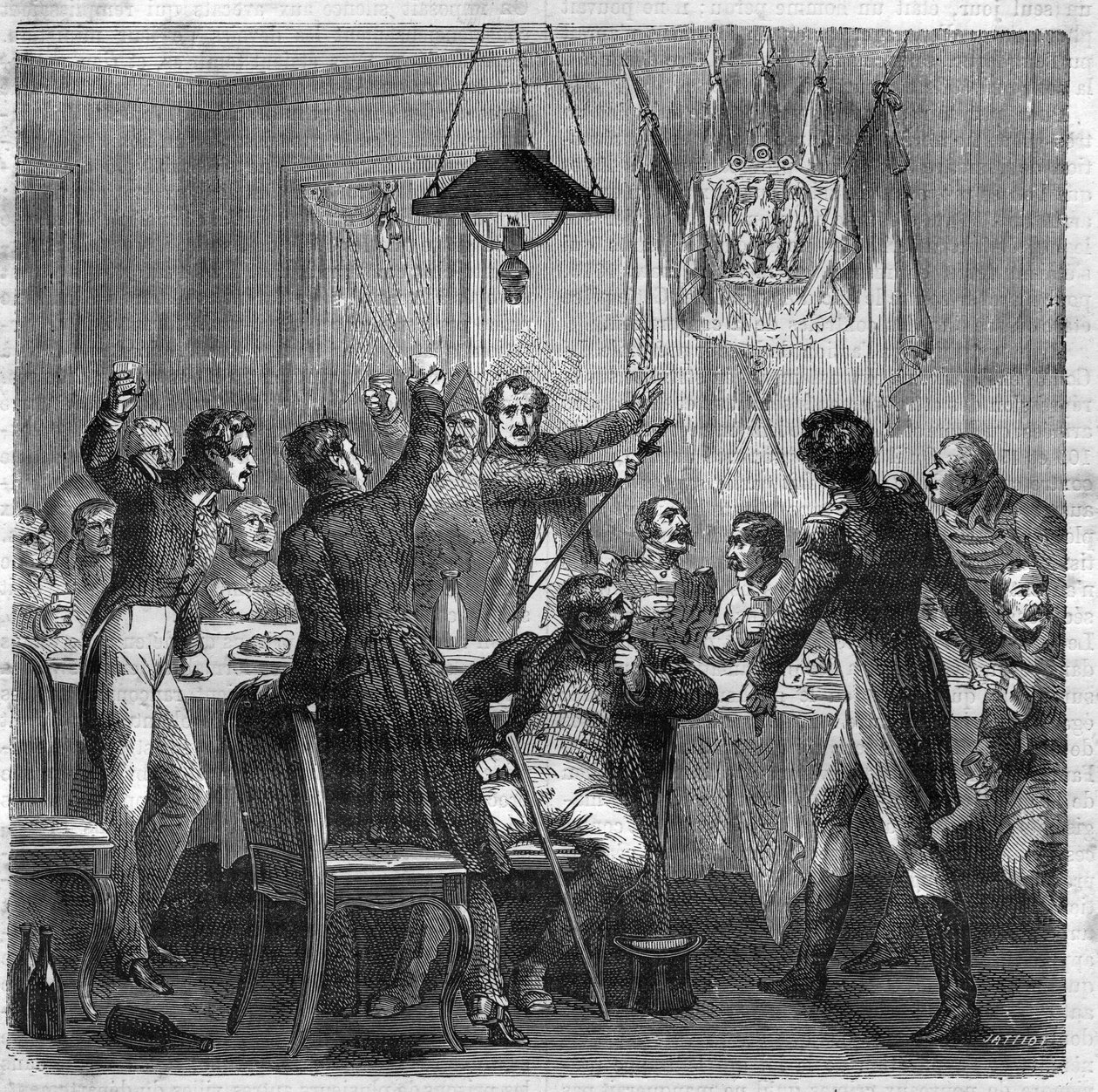 Bonapartista lakoma a helyreállítás alatt az Első Birodalom bukása 1814. április 6-a és a Három Glorieuse 1830. július 29-i forradalma között. Maurice Lachat „Histoire des Papes-Rois-Queen and Empereurs a travers les centuries” című metszete. alkotó: French School