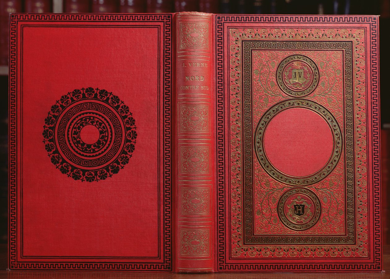 Jules Verne (1828-1905) Az Észak ellen dél című könyv borítója (bőr) alkotó: French School