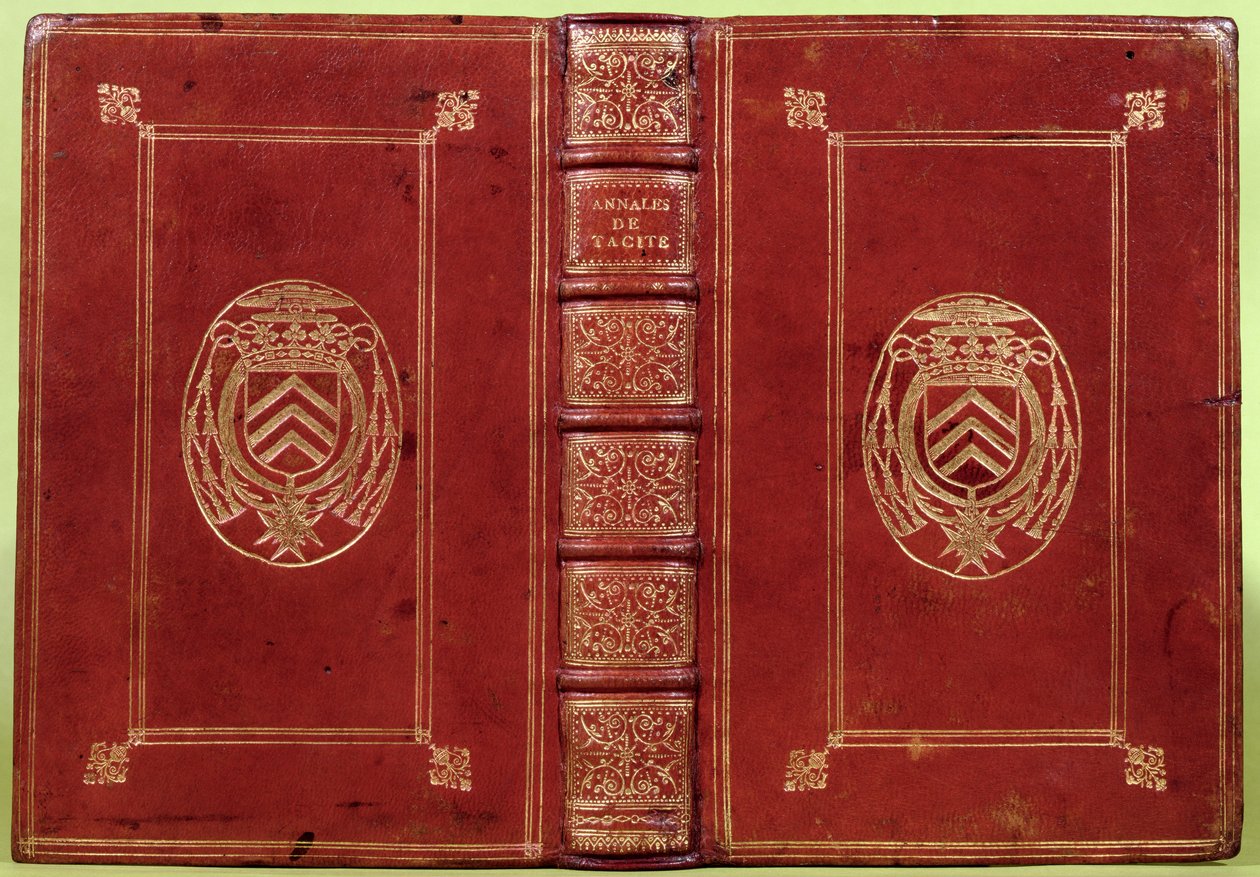 A Tacitus Annals könyvborítója Armand-Jean du Plessis, Richelieu bíboros (1585-1642) címerével (vörös bőr és arany) alkotó: French School