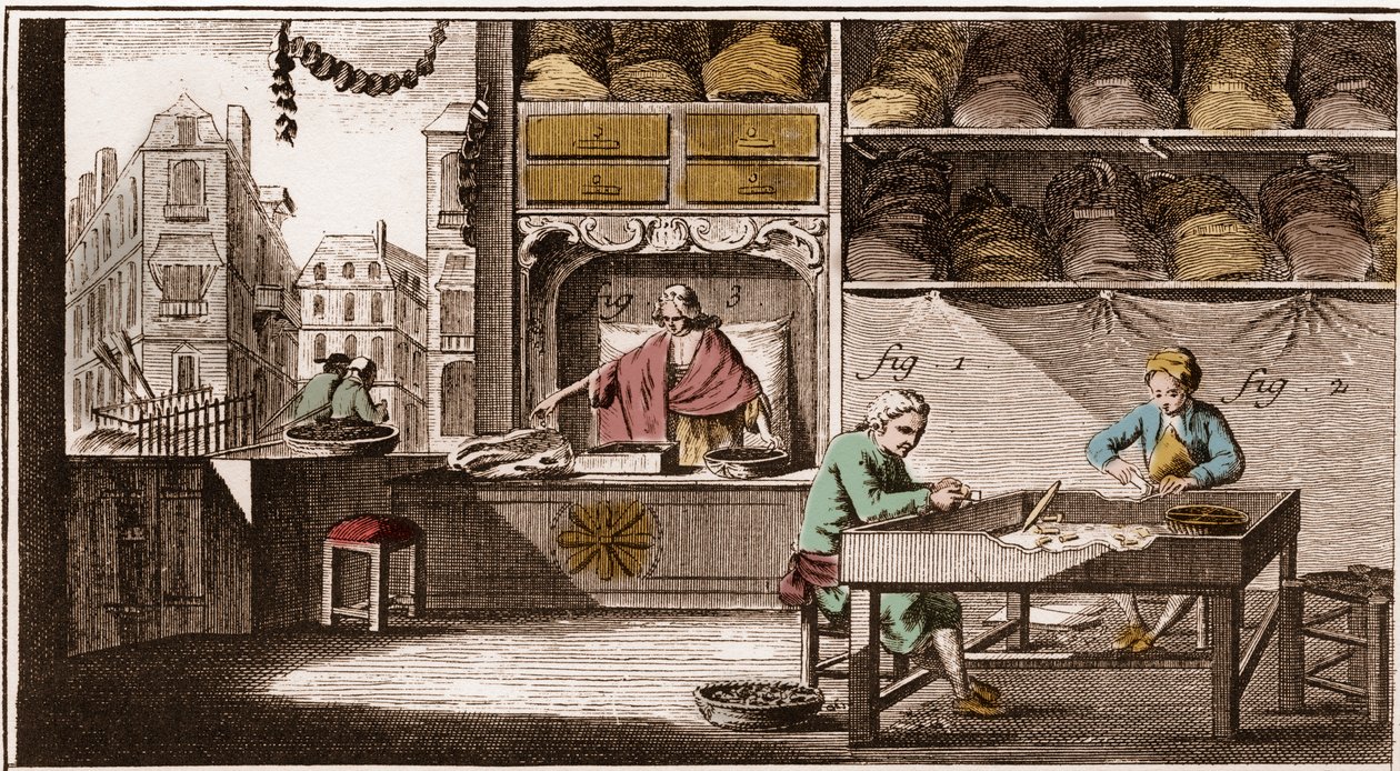 Bouchonnier, parafa dugók gyártása – „” La Grande Encyclopédie, ou Dictionnaire Raisonne des Sciences, des Arts et des Metiers” (Encyclopedia vagy Dictionary of the Sciences, Arts and Professions) Denis Diderot (1713-1784) és Jean d