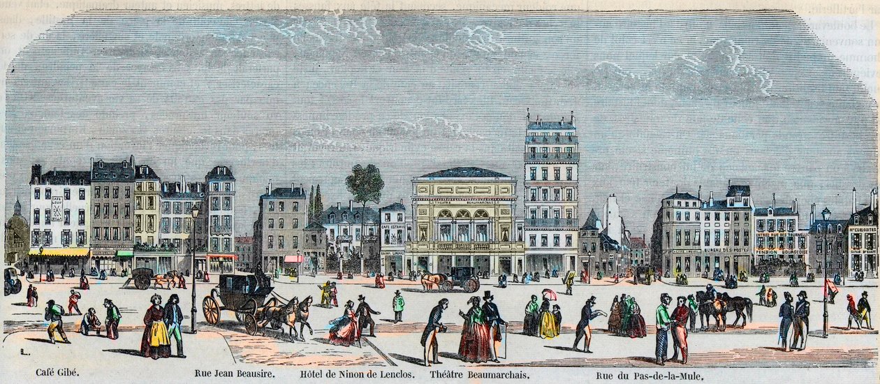 Boulevard Beaumarchais déli oldala - Cafe Gibe - Hotel de Ninon de Laclos - Beaumarchais színház - Rue pas de la mule - Edmond Texier 1852-es metszete a „Tableau-de-Paris”-ban alkotó: French School