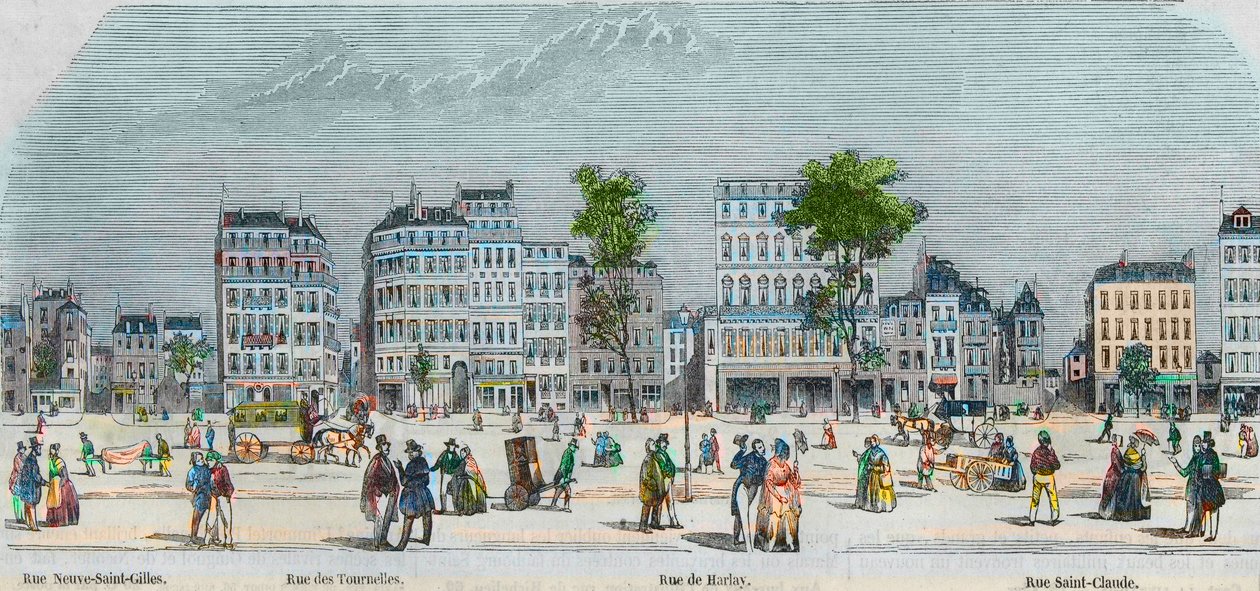 Boulevard Beaumarchais déli oldala - rue Neuve-Saint-Gilles - rue des Tournelles - rue de Harlay - rue Saint-Claude - Edmond Texier 1852-es metszete „Tableau-de-Paris”-ban alkotó: French School