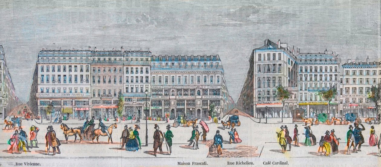 A Boulevard Montmartre a déli oldalon és a Boulevard des Italiens a déli oldalon - Rue Vivienne - Maison Frascati - Rue Richelieu - Cafe Cardinal - Edmond Texier 1852-es metszete a „Tableau-de-Paris”-ban alkotó: French School