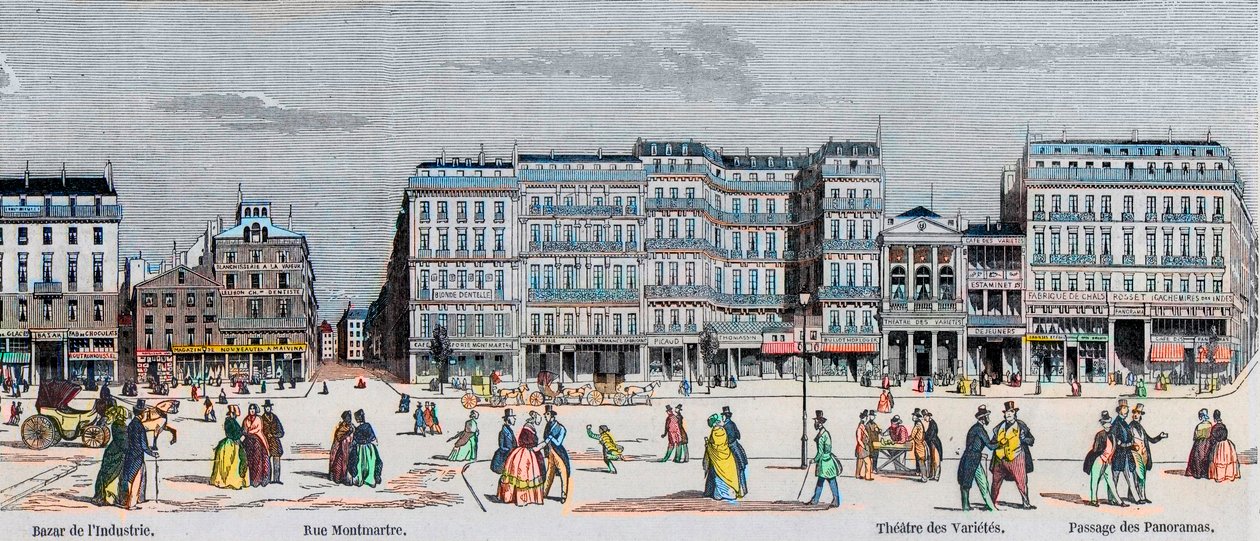 Boulevard Poissonniere és Boulevard Montmartre - ipari bazár - Rue Montmartre - Theater des Varietes és passage des Panoramas - Metszet a „Tableau-de-Paris”-ban Edmond Texier 1852-ben alkotó: French School